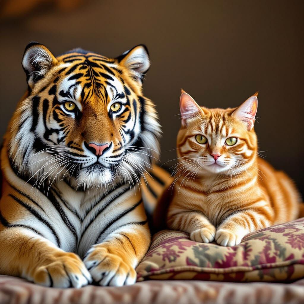 Majestic Bengal Tiger Faces Bored Ginger Cat