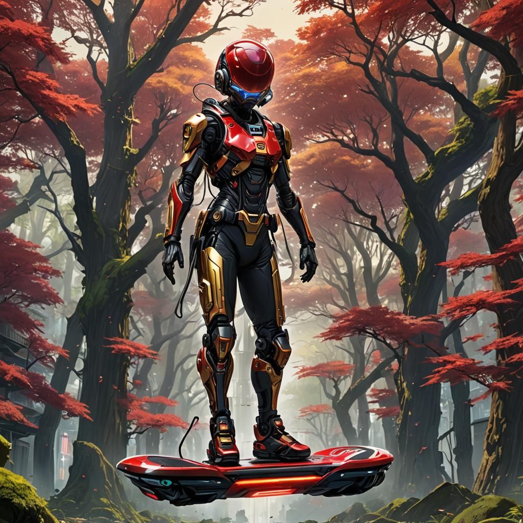 Cybernetic Android on Hoverboard in Dystopian Forest