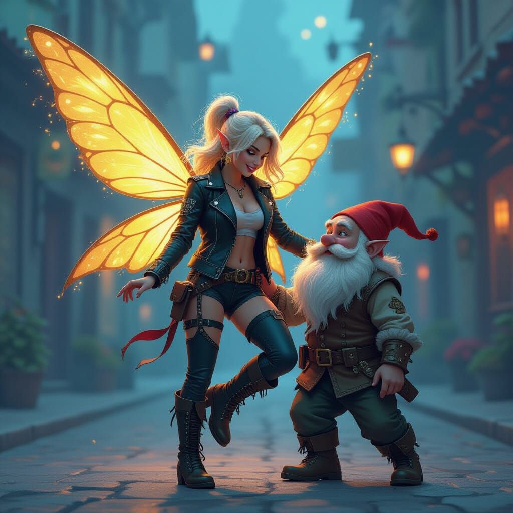 Whimsical Fairy-Biker Dance with Dwarf