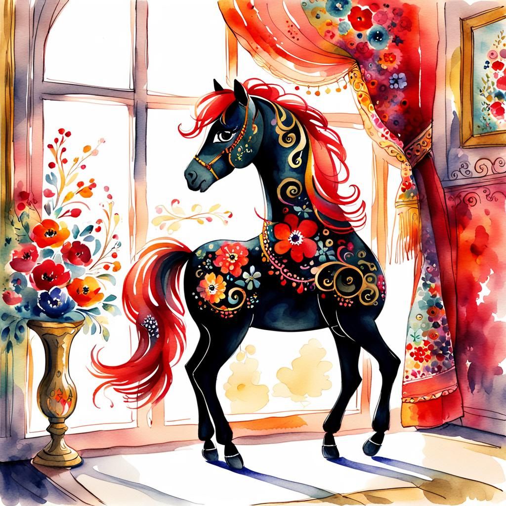 Khokhloma Pony Doll Watercolor Sketch in Cartoon Style