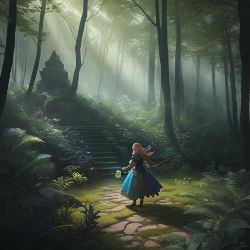Whimsical Forest: Girl, Dog, and Bubbles in Dreamlight