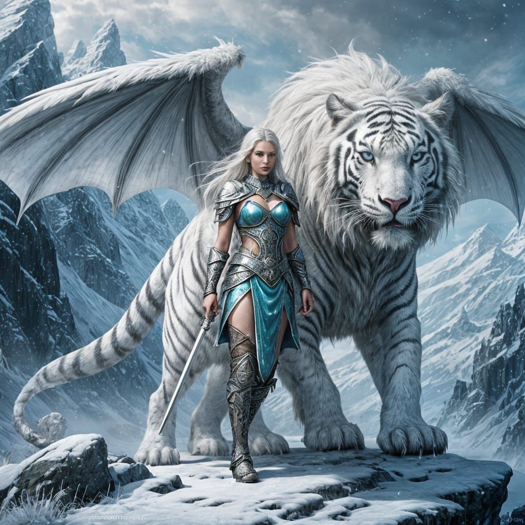 Warrior Princess and Tiger-Dragon in Snowy Landscape