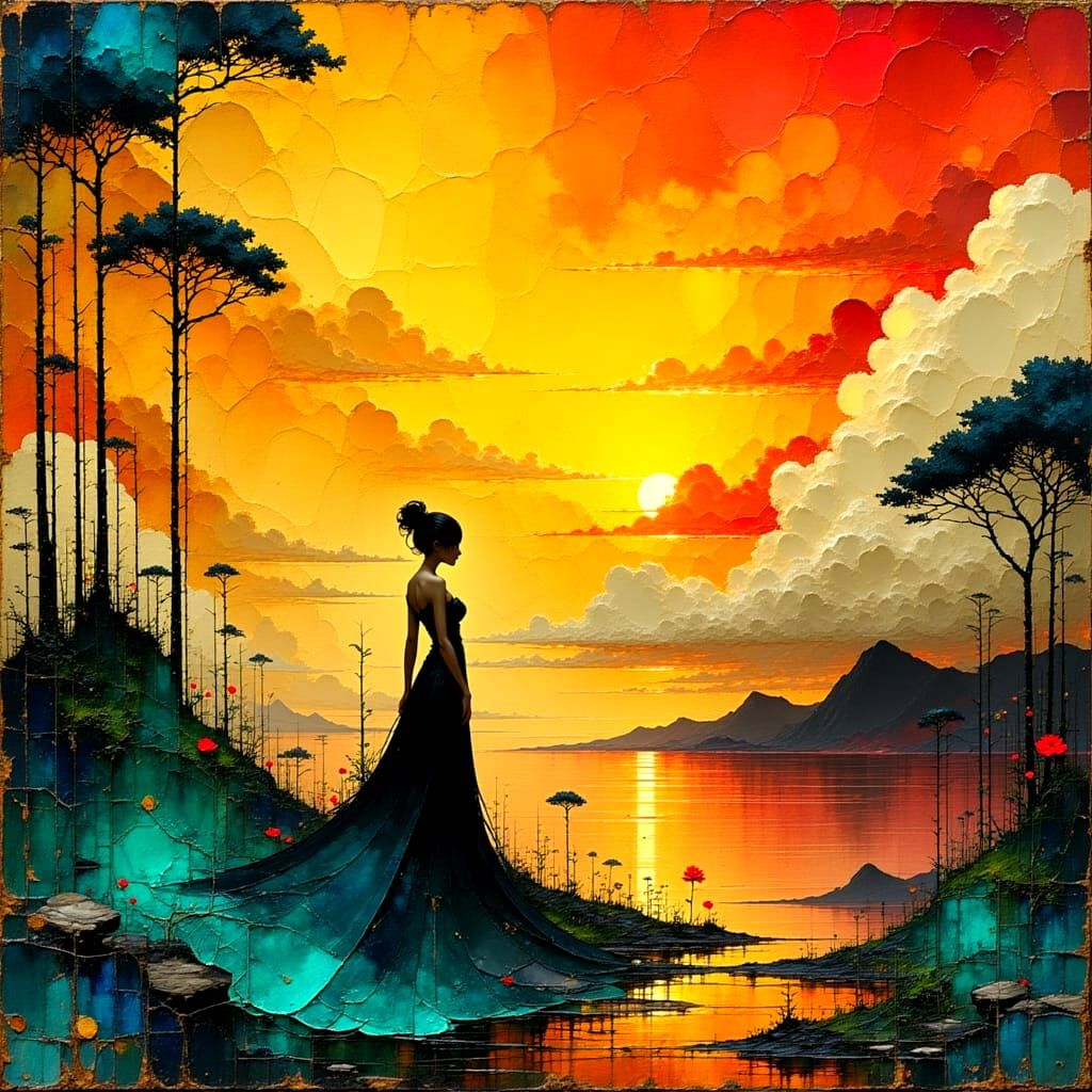 Ethereal Klimt-Inspired Seascape of a Woman Amidst Sunrise a...