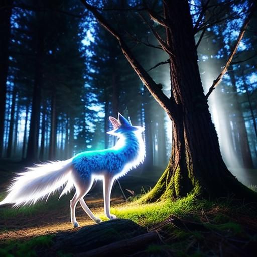 Nine-Tailed Fox with Glowing Aura in Forest