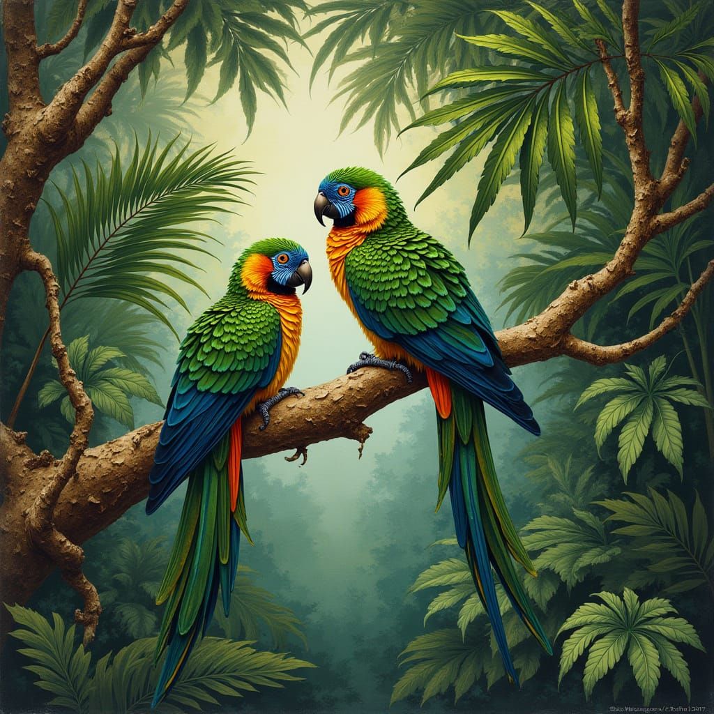 Vibrant Tropical Parrots in Naive Art Style