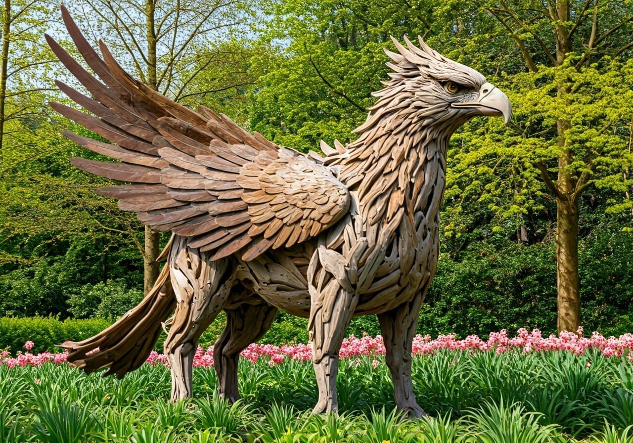 Weathered Wood Hippogriff Sculpture in Public Garden