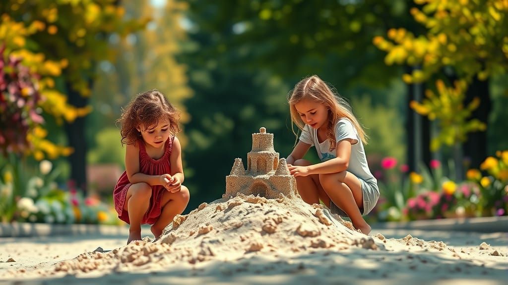 Girls Building Sandcastle in Sunny Park, Hyperrealistic Art