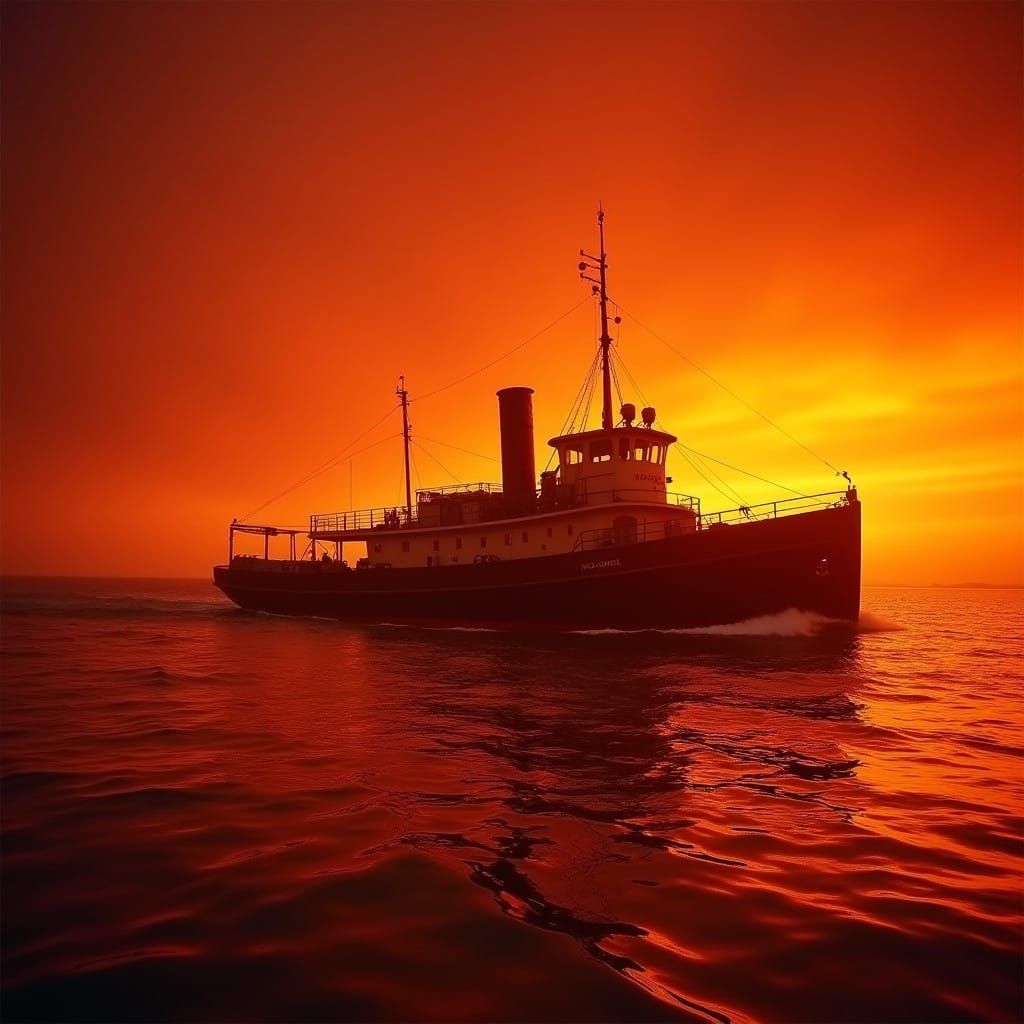 Vibrant Tugboat Silhouetted Against a Golden Sunset