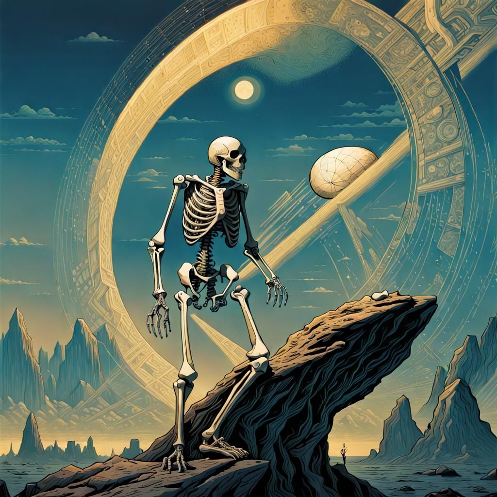Skeleton on Rock: Nuclear Art Poster Illustration