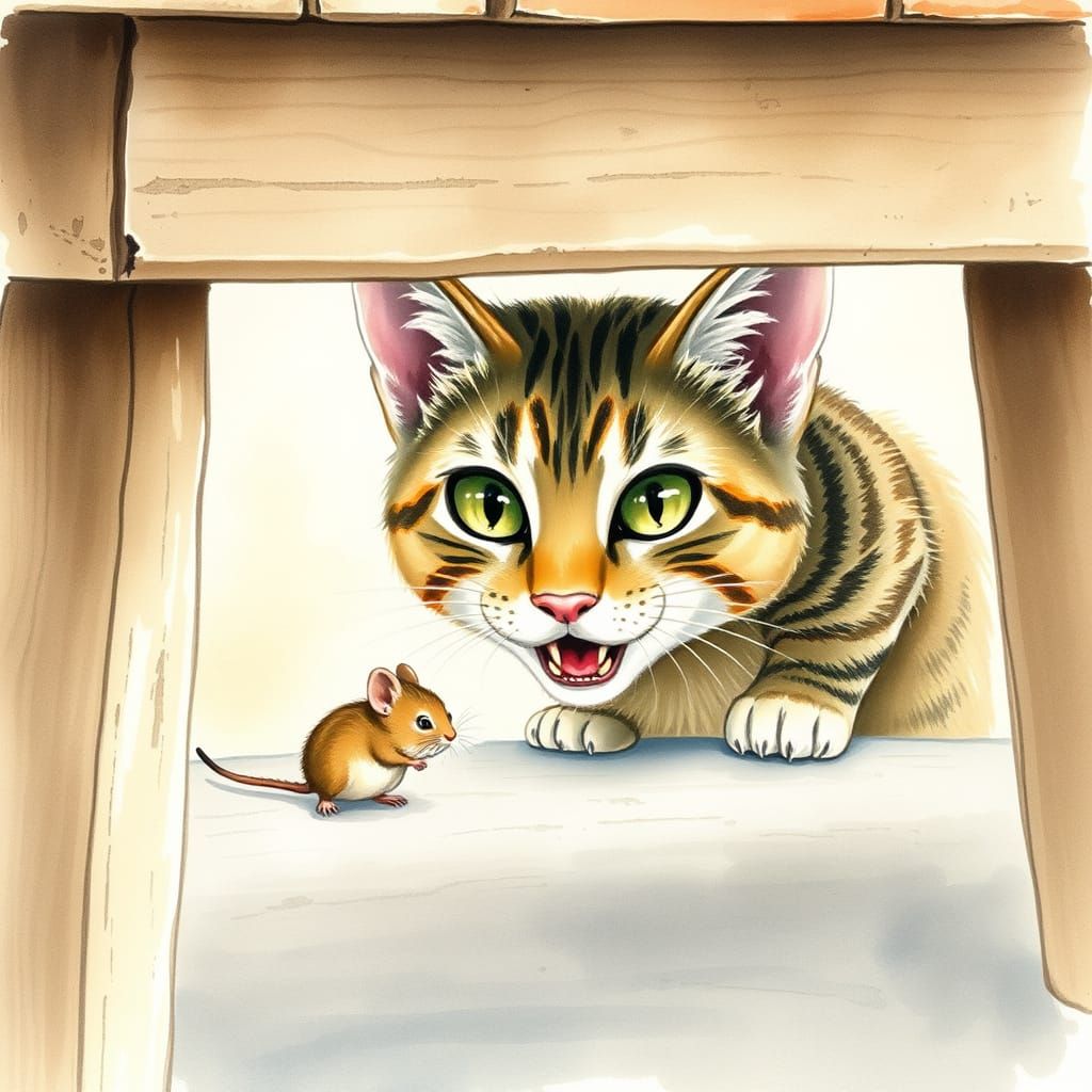 African Tabby Cat and Mouse, Watercolour Picture Book