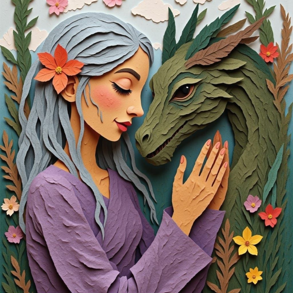 An elderly woman with long, silver flowing hair, adorned wit...