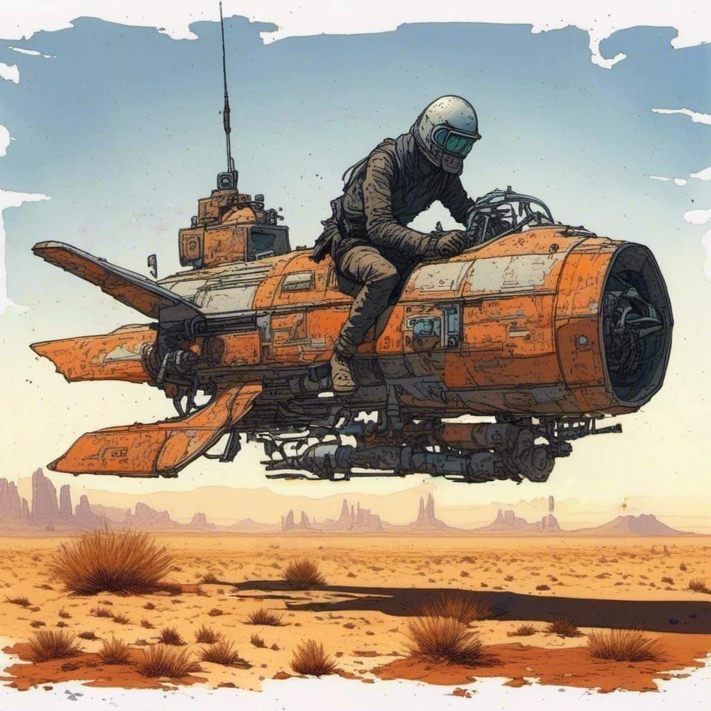 Futuristic Hoverbike Races Across Desert, Moebius Style