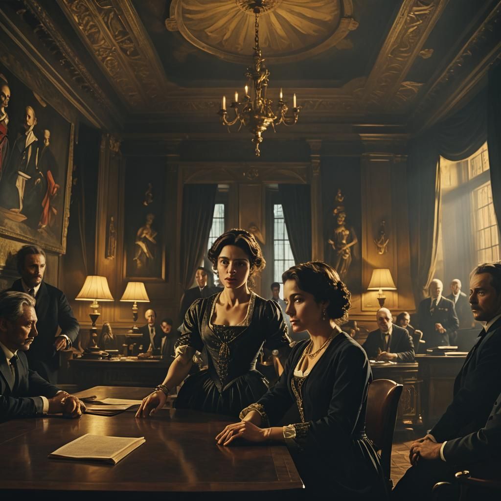 Ornate Office: Woman Amidst Corruption, Oil Painting Style