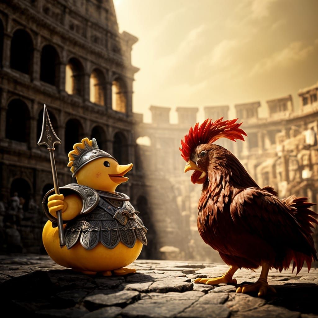 Surreal Rubber Duck Gladiator Battles Fierce Red Chicken in ...