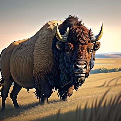 Majestic Prairie Bison Sculpture in Sunlit Meadow