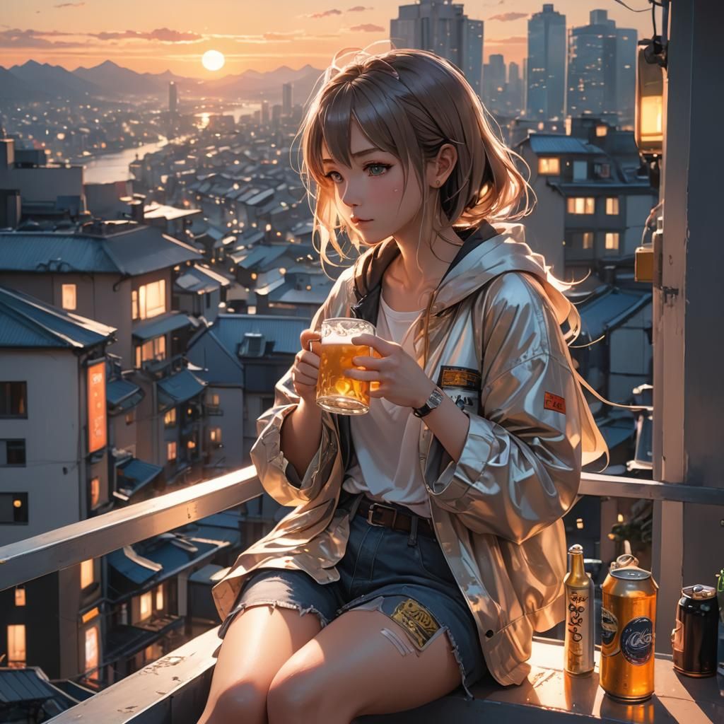 Anime Girl Drinking Beer at Sunset