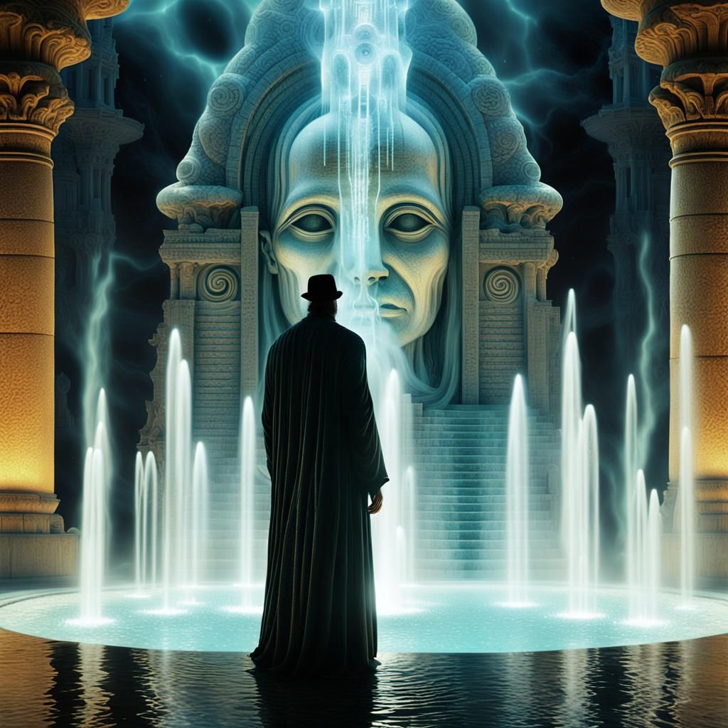 Mysterious Figure at Ancient Temple in Surreal Style