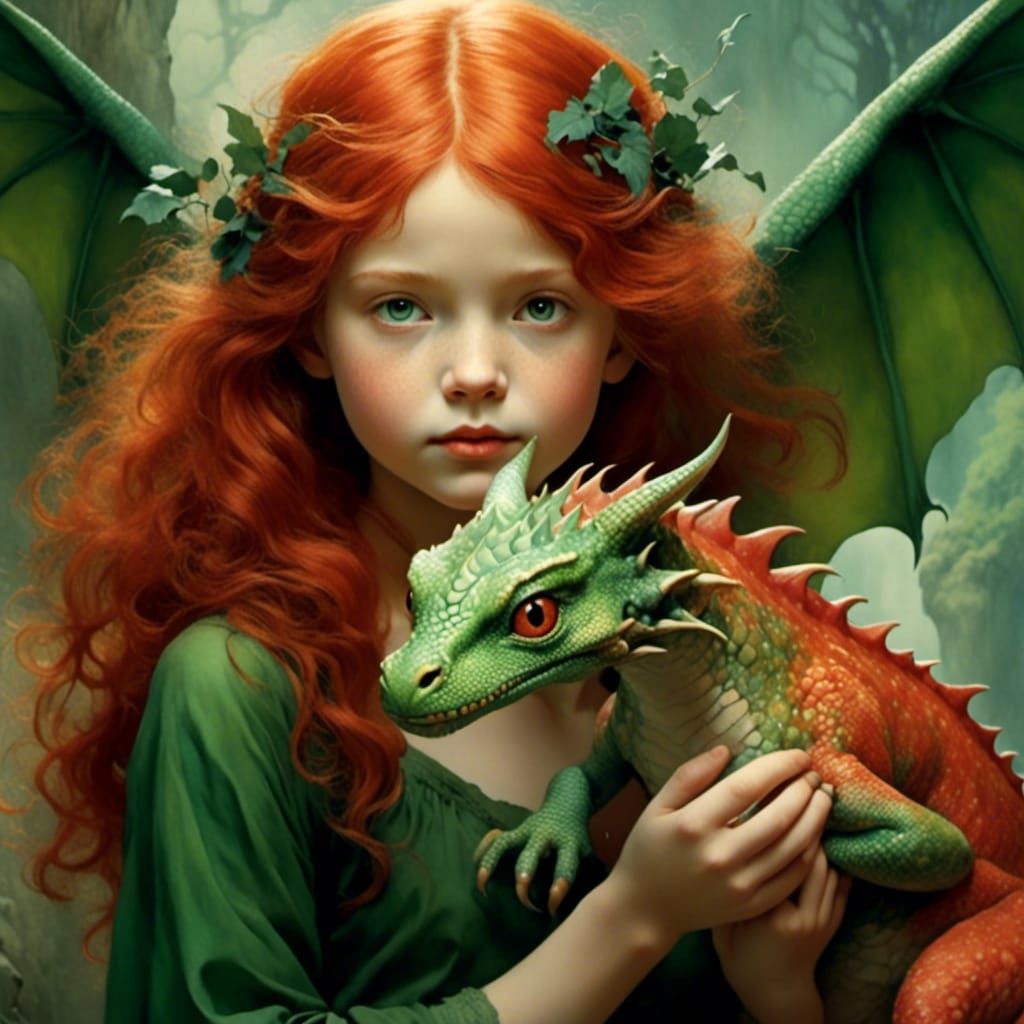 Girl and Dragon in Romantic Watercolor Style