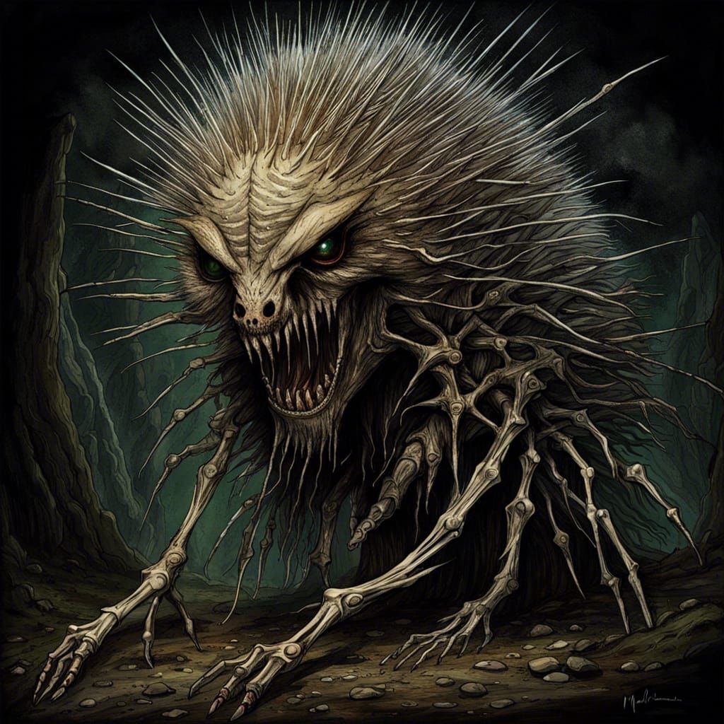 Nightmarish Porcupine Skeleton Monster: Detailed Sci-Fi Horr...