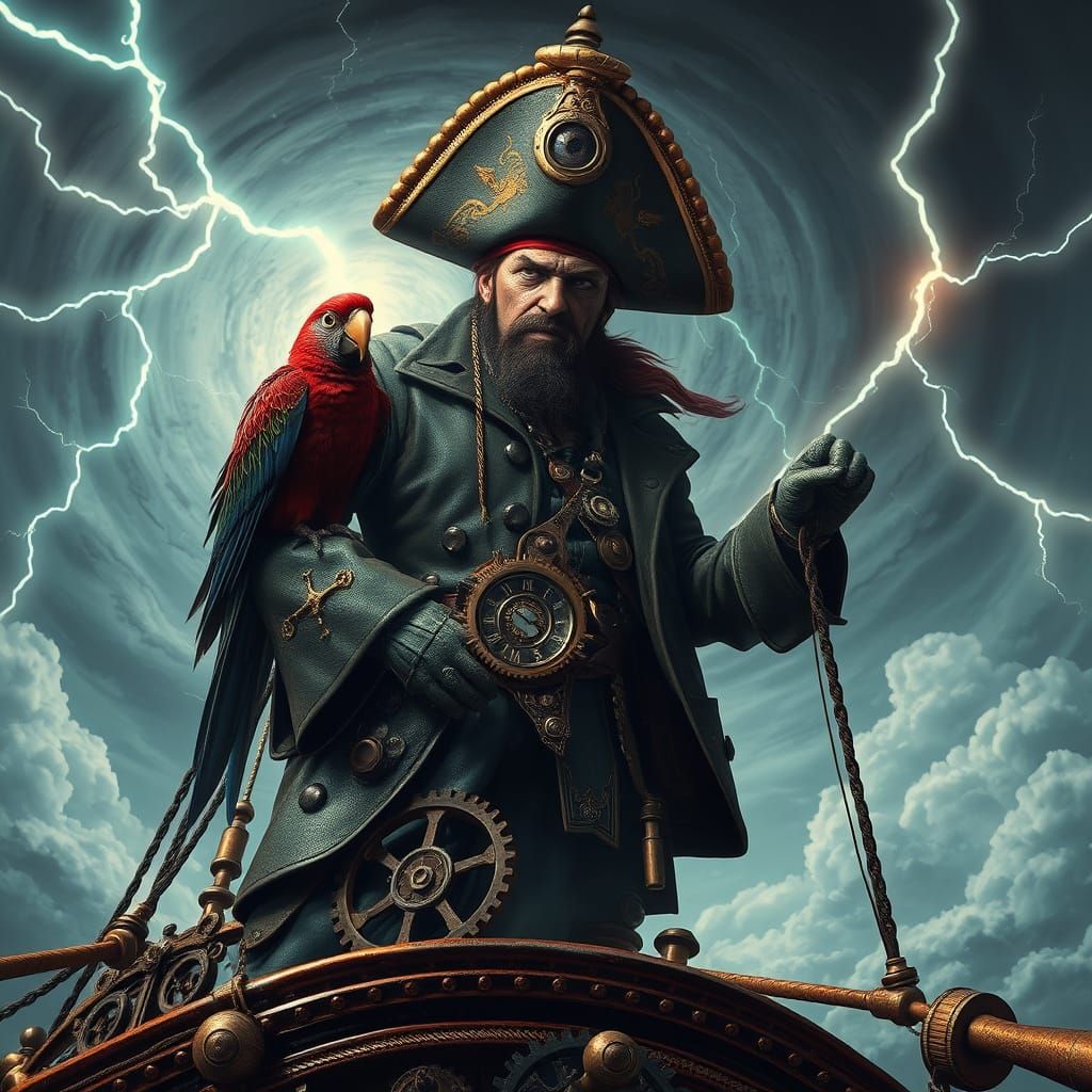 Steampunk Pirate Captain on Airship in Stormy Sky