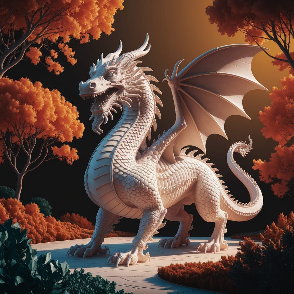 Majestic Marble Dragon Statue in a Lush Park