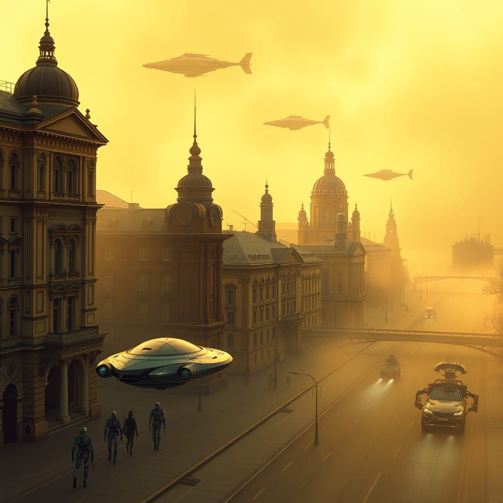 Futuristic St. Petersburg in Golden Fog