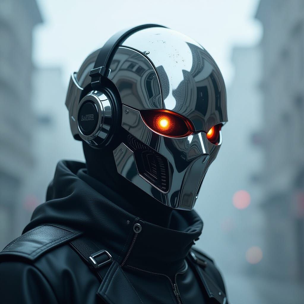 Otherworldly Figure in Silverglass Helm, Dark Cyberpunk Styl...
