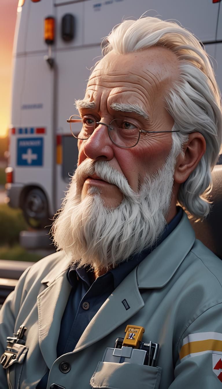 Sick Old Man on Ambulance Bench in Pixar Style