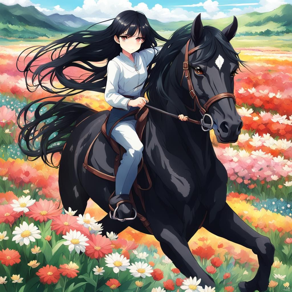 Girl Riding Black Horse in Anime Style