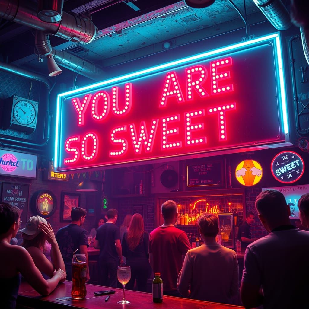 Lively Cyberpunk Pub Party with Electric Sign