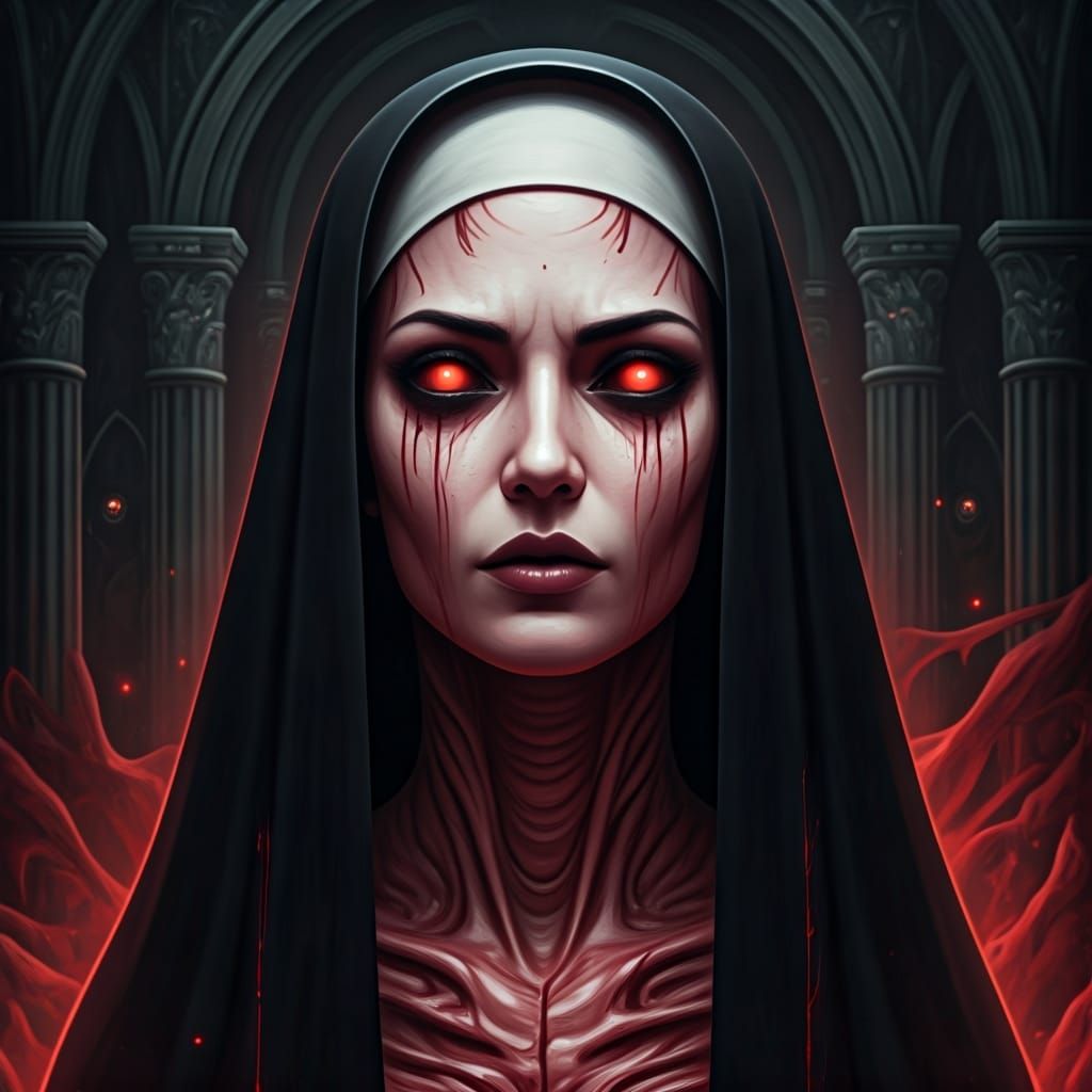 Demonic Nun in Haunted Sanctuary: Dark Fantasy Art