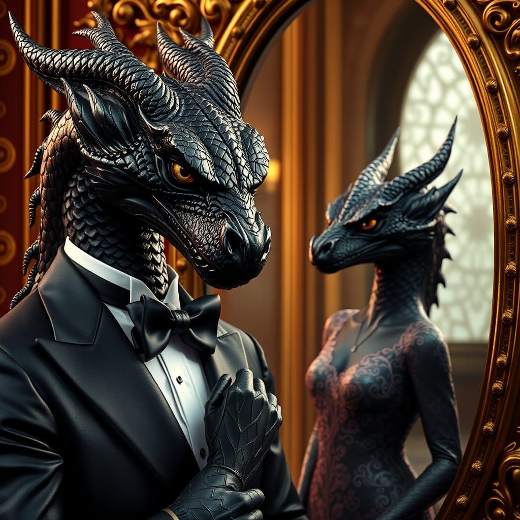A male dragon wearing a tuxedo tying a bow tie in the mirror, there is a reflection in the mirror of a female dragon in ...