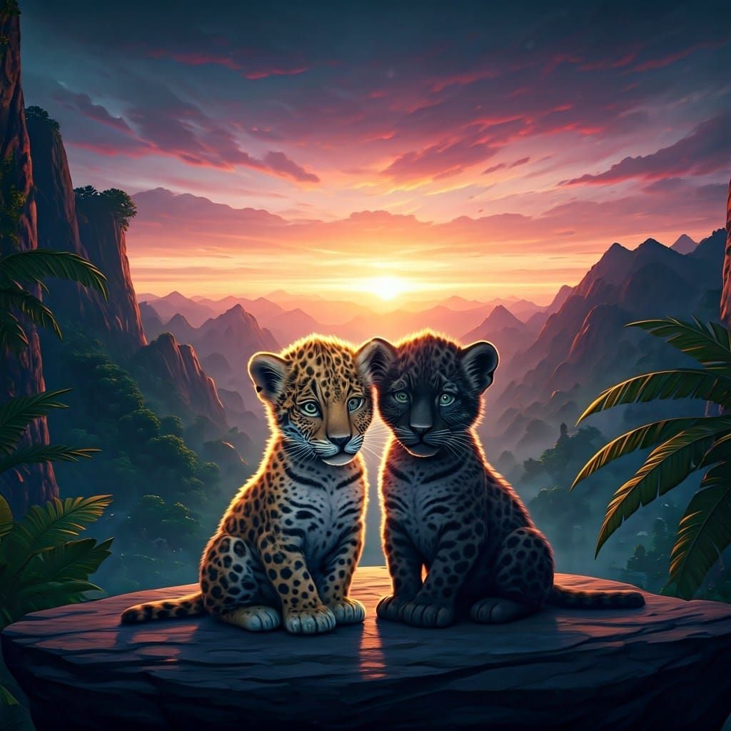Dreamy Sunset Encounter of Baby Jaguar and Black Panther
