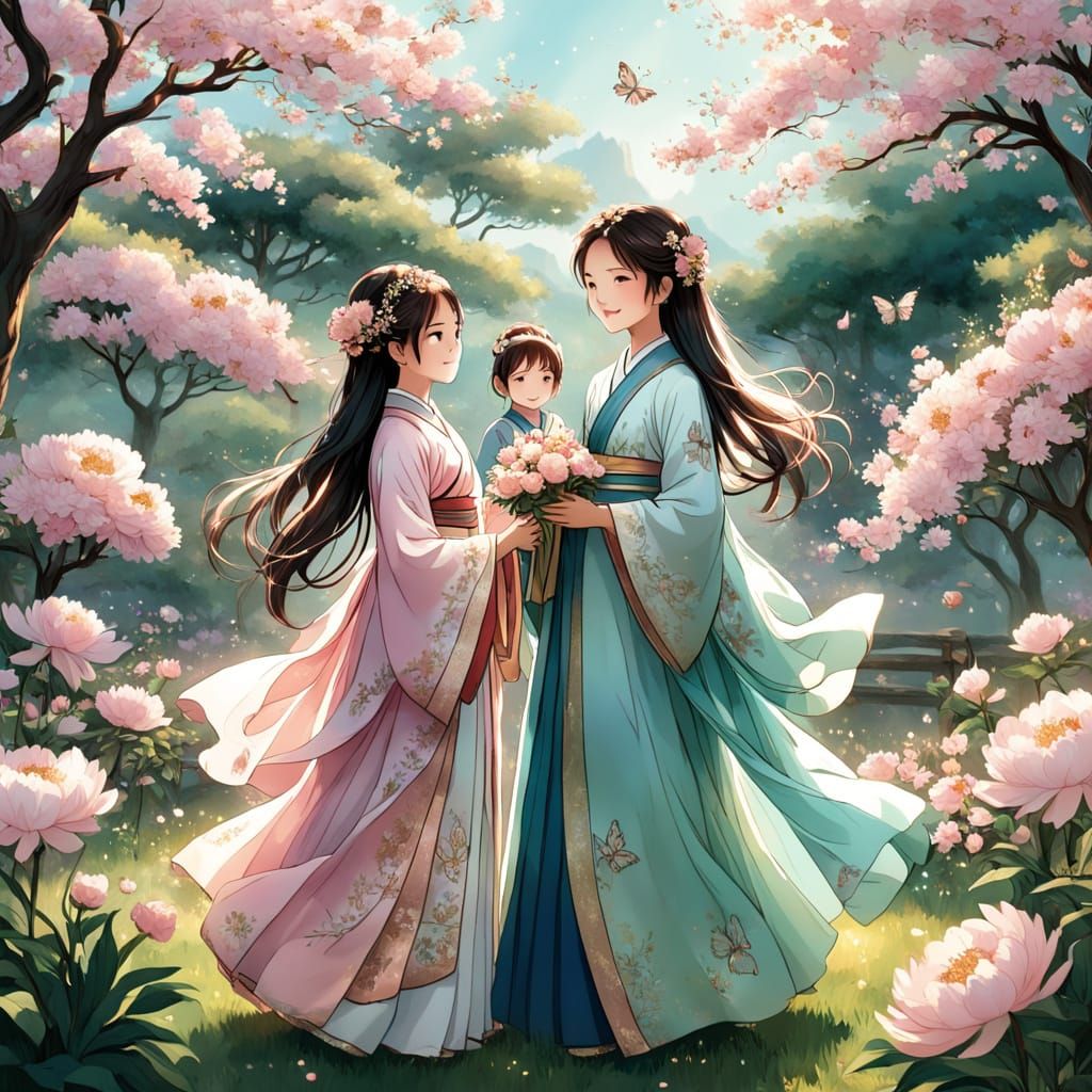 Anime-Style Woman with Children in Flower Garden