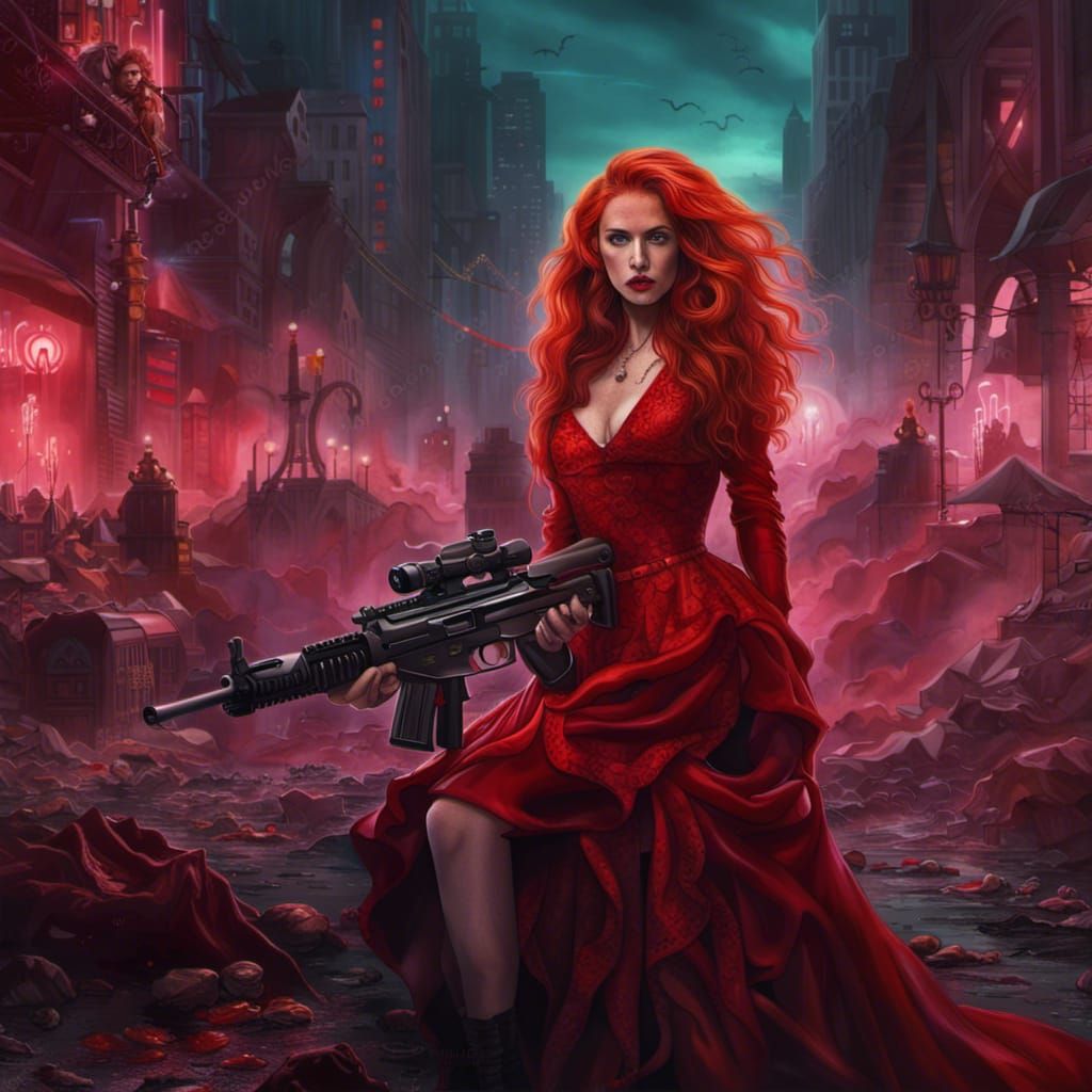 Woman with Machine Gun in Neon City