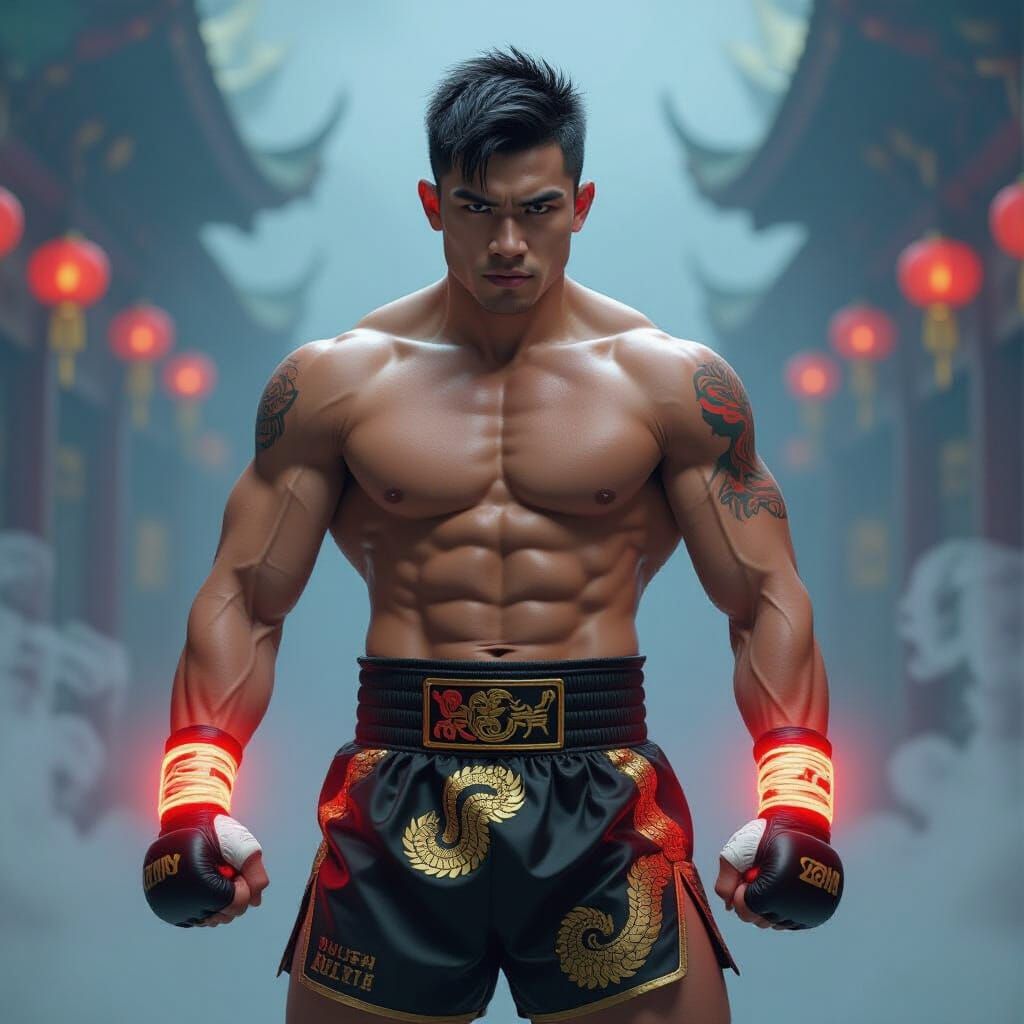 Dynamic Muay Thai Champion Portrait in Anime Style