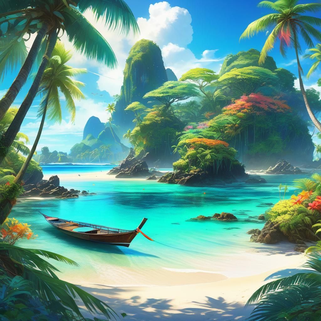 Island Oasis: Anime Realism in Watercolor Style