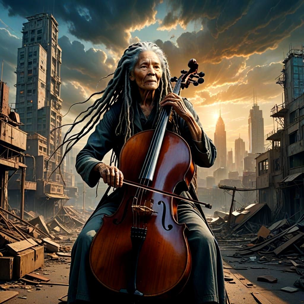 Elderly Woman Plays Cello in Dystopian Cityscape