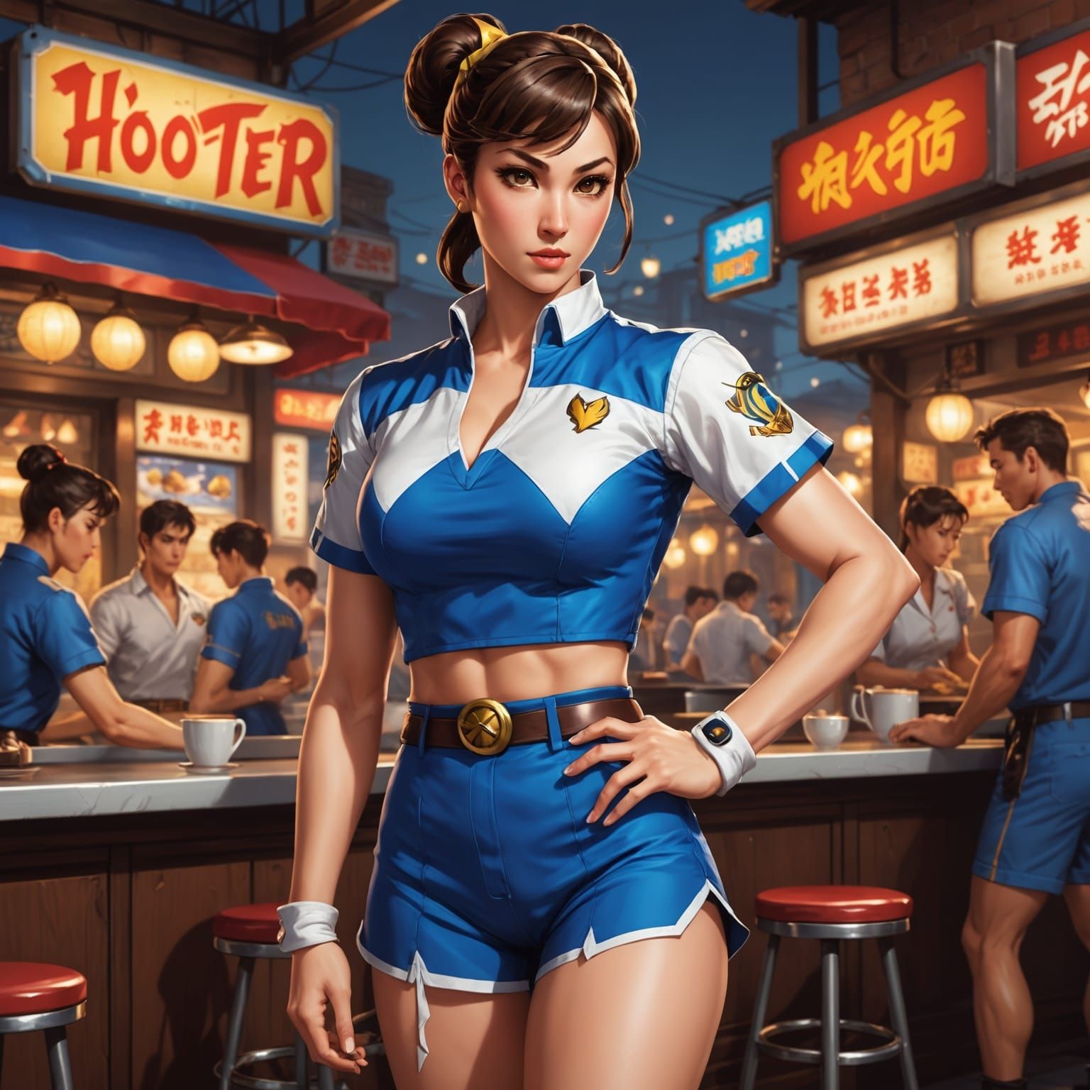 Chun Li as Hooters Waitress in Digital Art Style