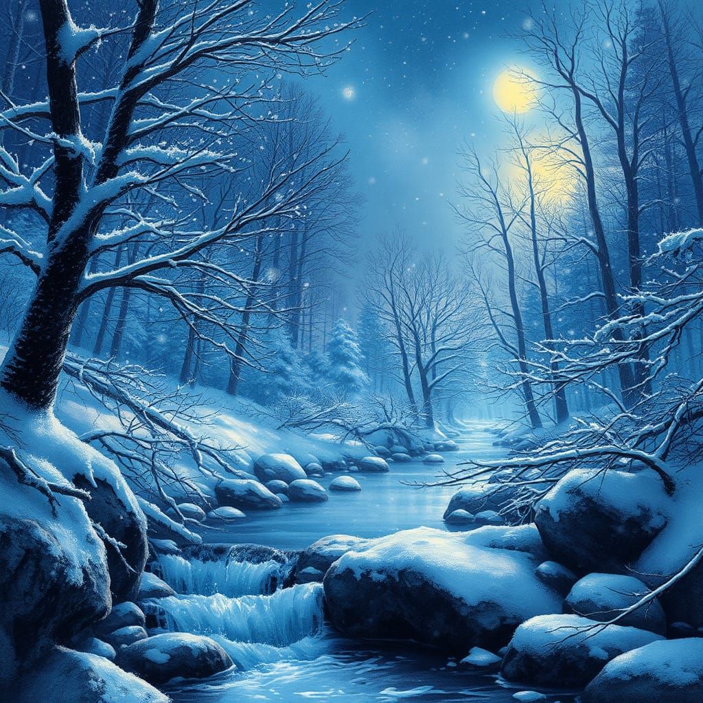 Winter Forest at Dusk: A Digital Watercolor Masterpiece