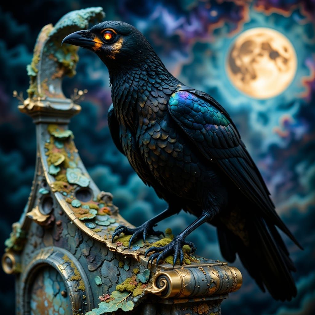 Raven on Gravestone Under Dramatic Moonlight