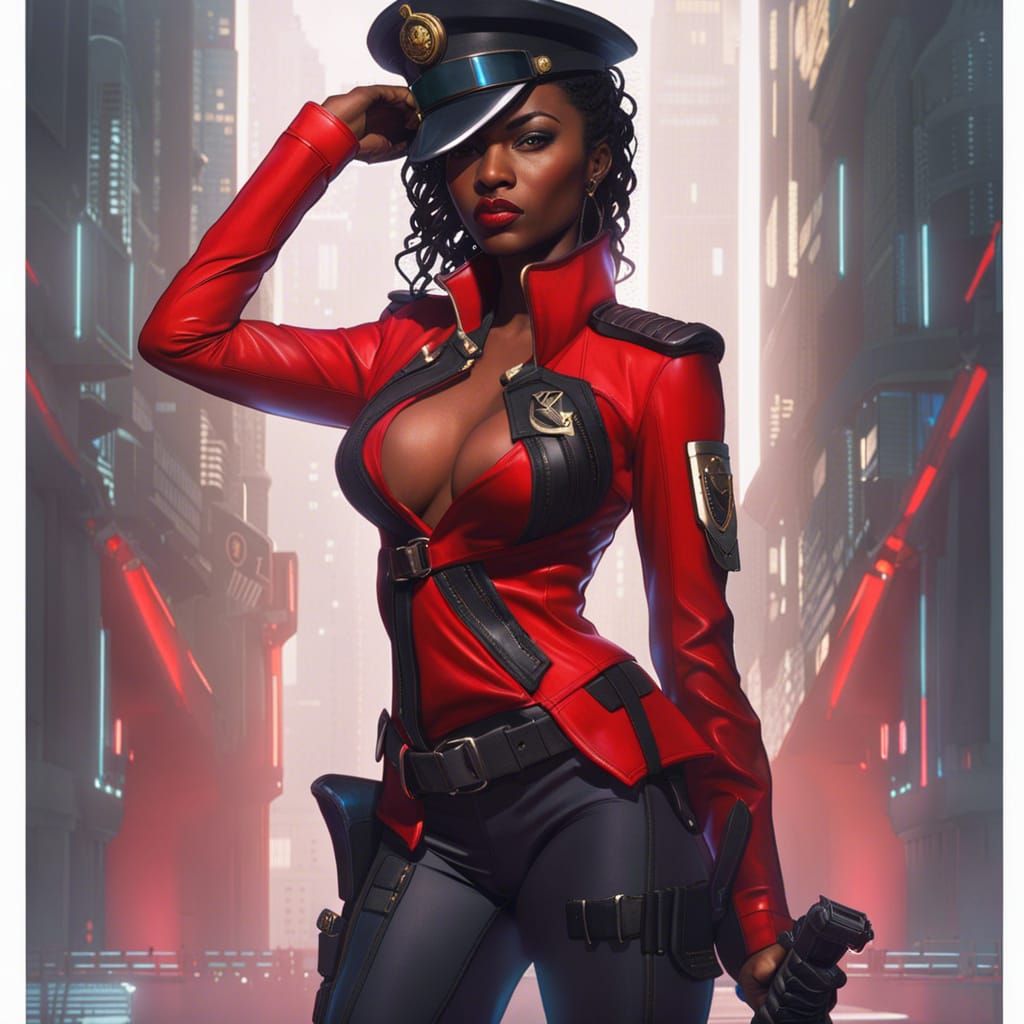 Gothic Futuristic African Policewoman in Volumetric Lighting