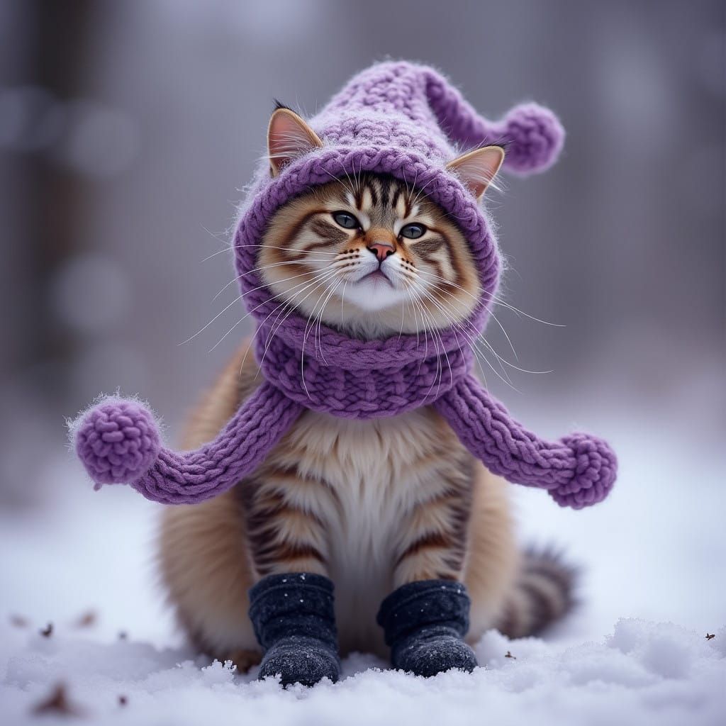 Enchanted Winter Cat in Whimsical Knit Hat and Boots