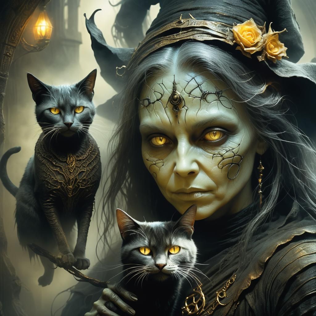 Witch Conjuring Spells with Cat Familiar