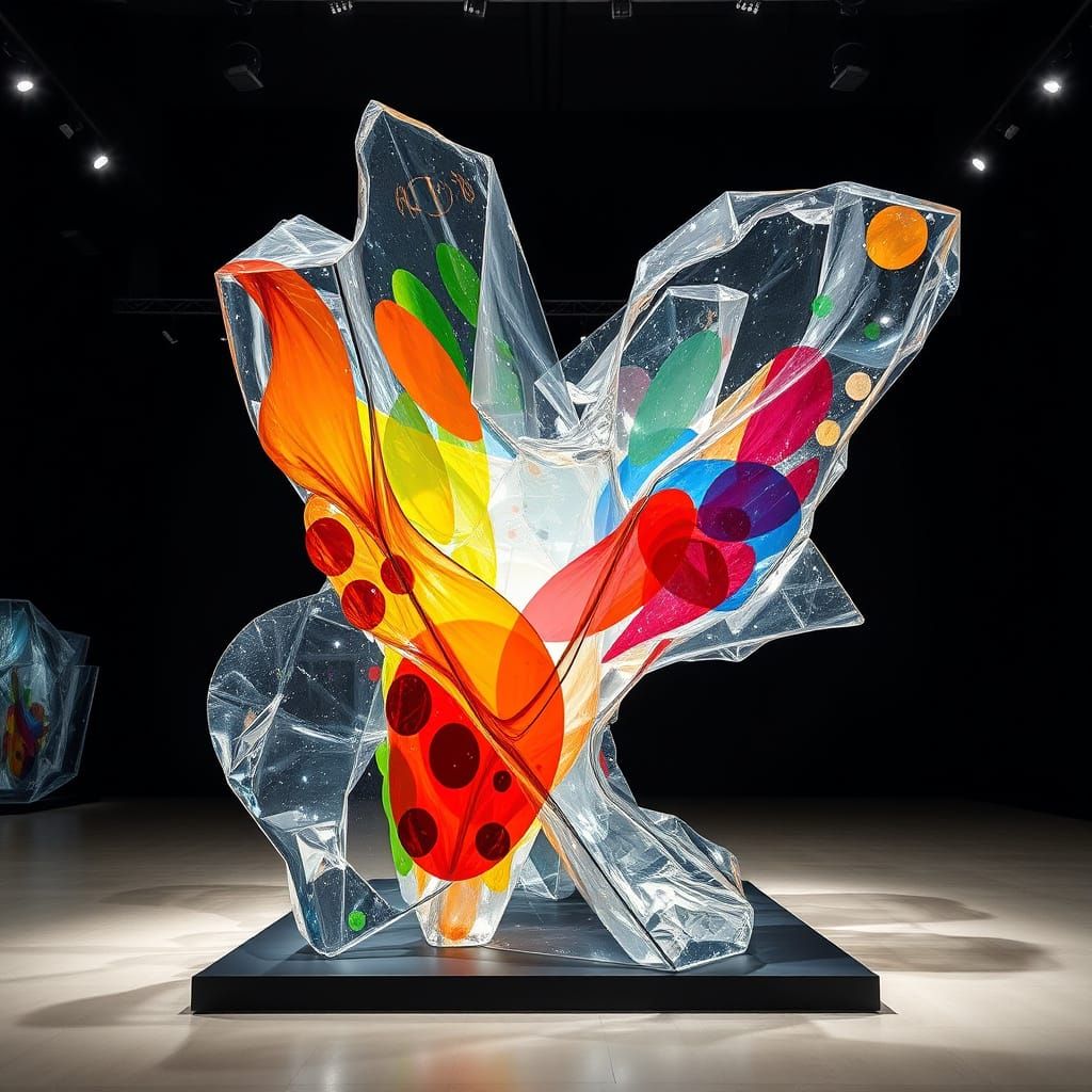 Vibrant Glass Sculpture Installation in Dark Ambiance