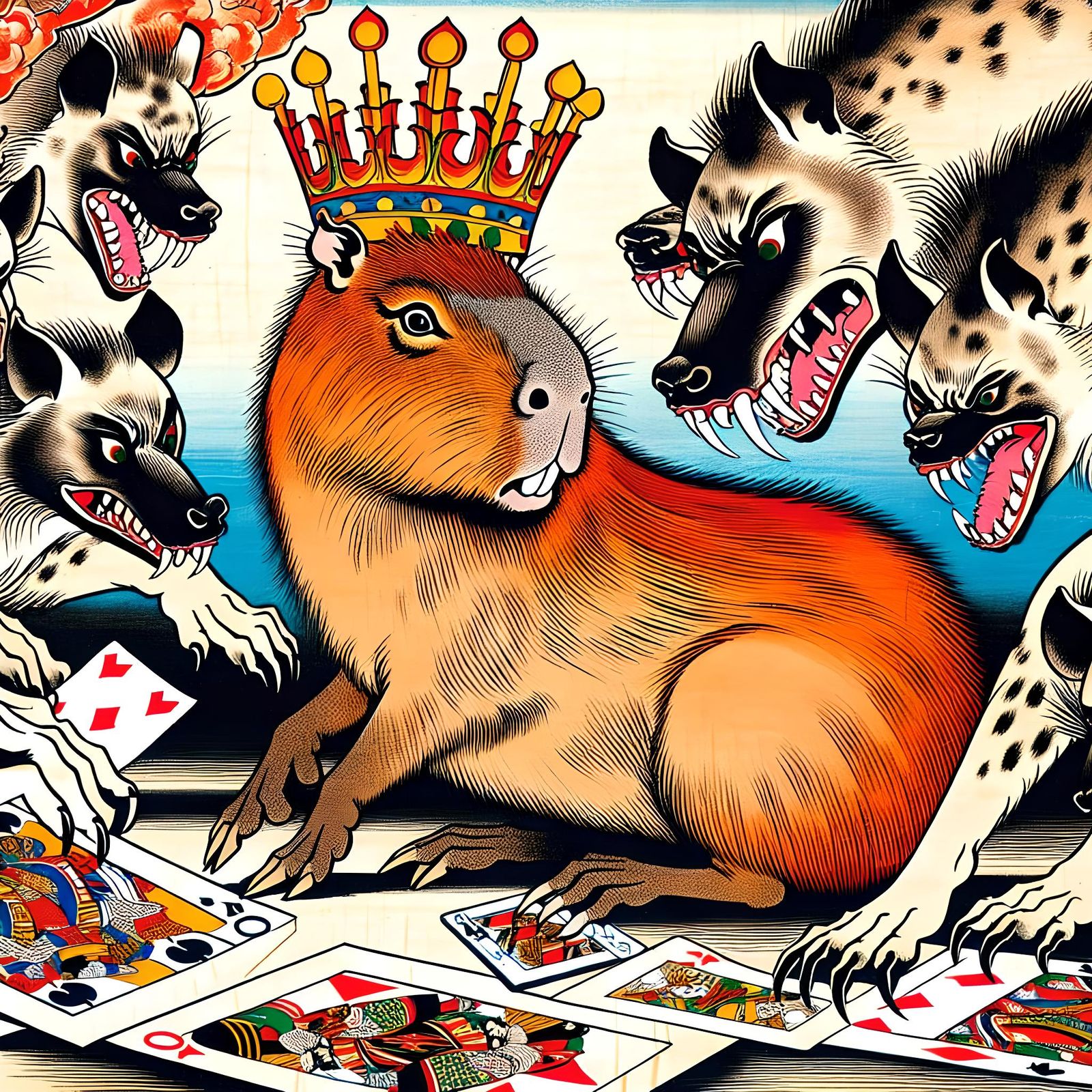 A capybara with a crown on its head plays cards at a table with hyenas