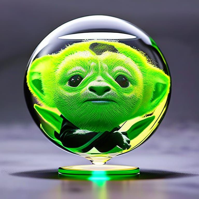 A {Star Wars Din Grogu - baby yoda && Kunfu Panda Master Shifu} inside a glass sphere with design if a Mandalorian hemet...