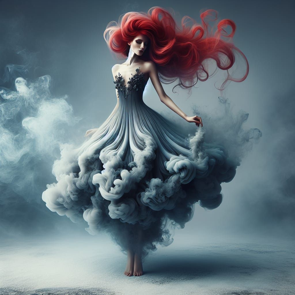 Ethereal Woman with Smoke Dress and Red Hair