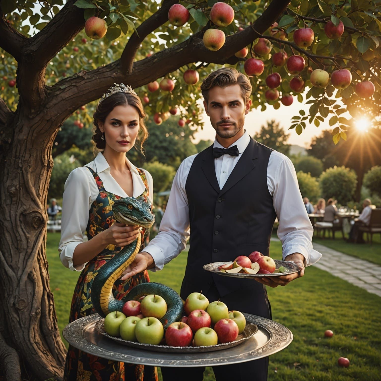 Serpent Waiter Serves Apples in Garden Restaurant