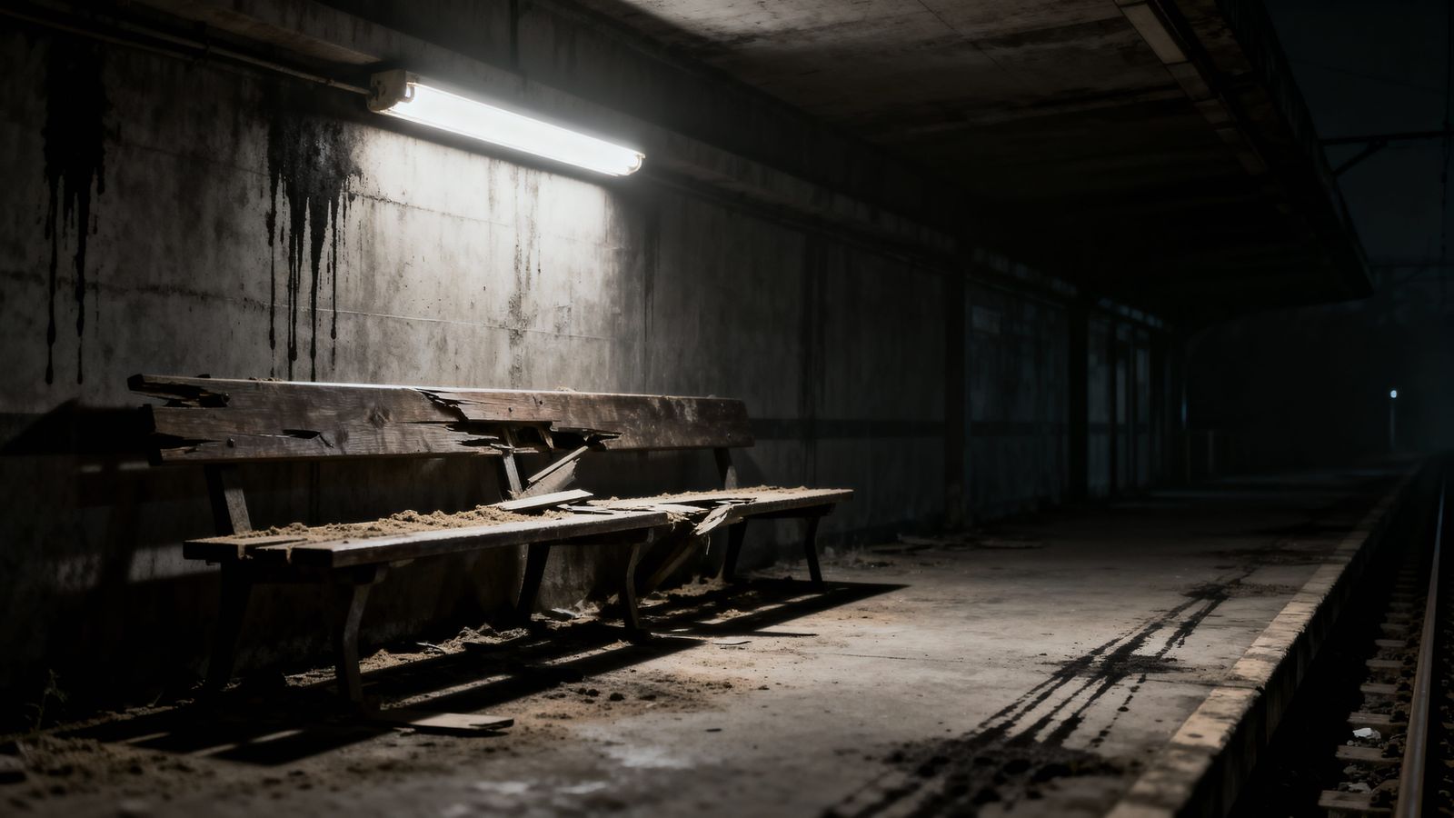 Desolate Train Platform with Flickering Tube Light